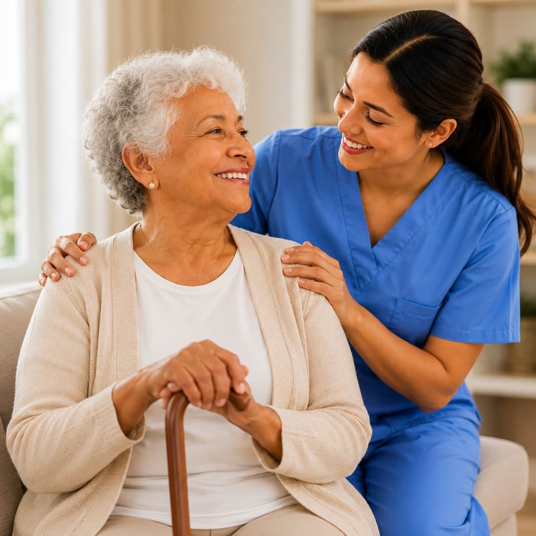 Home health aide caring for a senior client at home in New York City