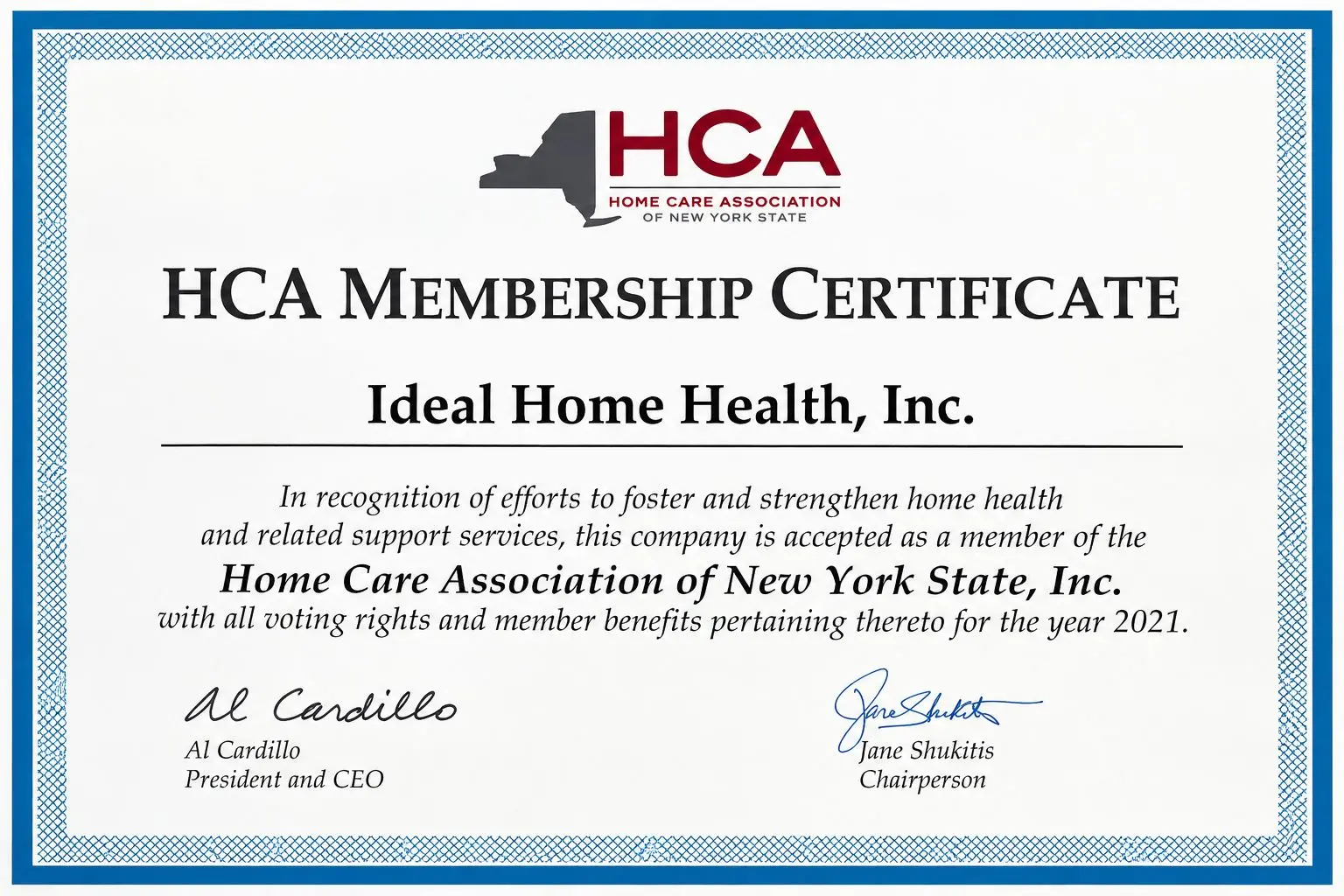 Ideal Home Health HCA Membership Certificate