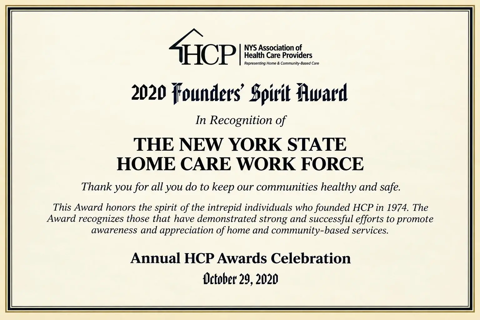 2020 HCP Founders Spirit Award recognition for the New York State Home Care Workforce
